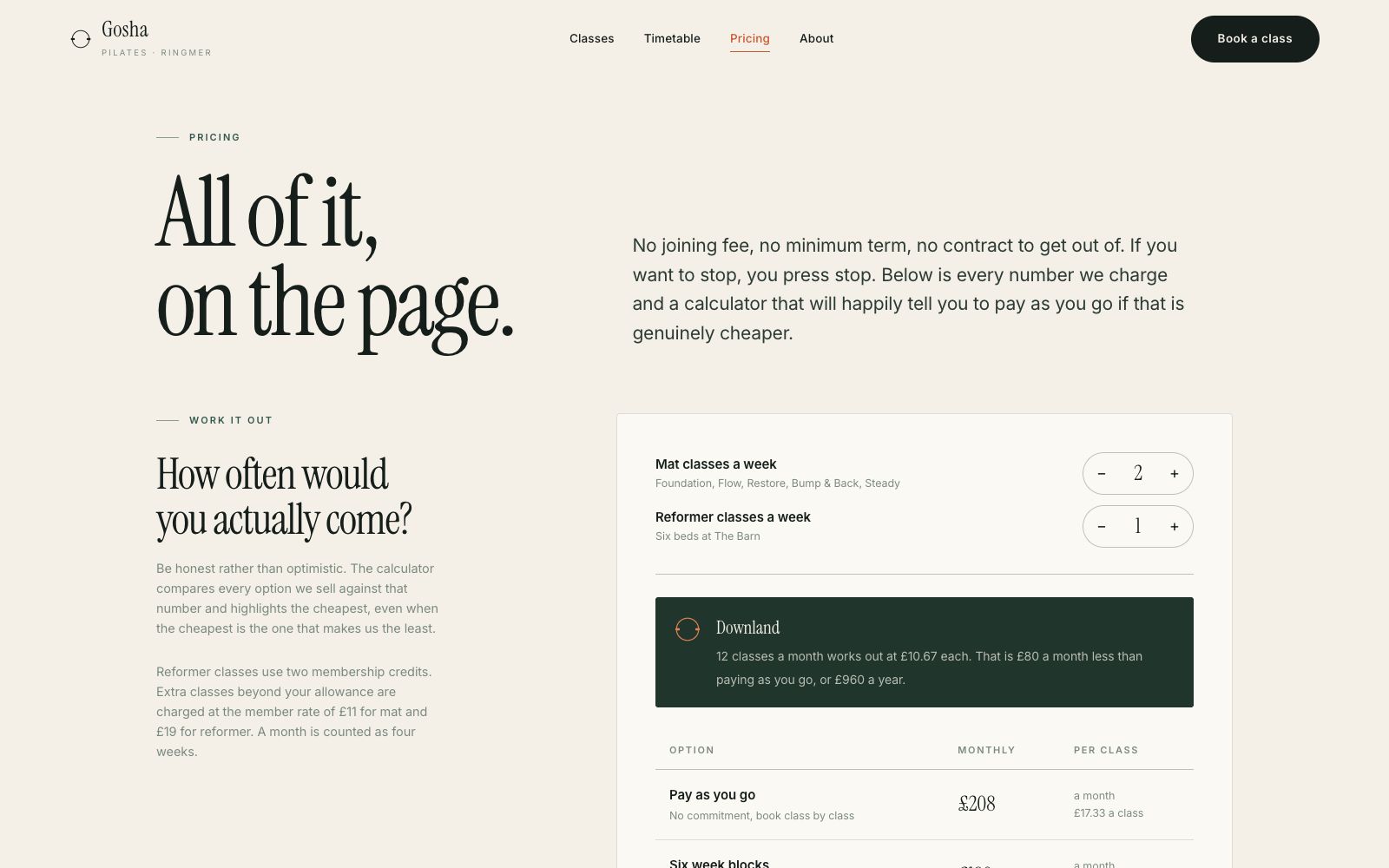 Gosha Pilates Pricing page