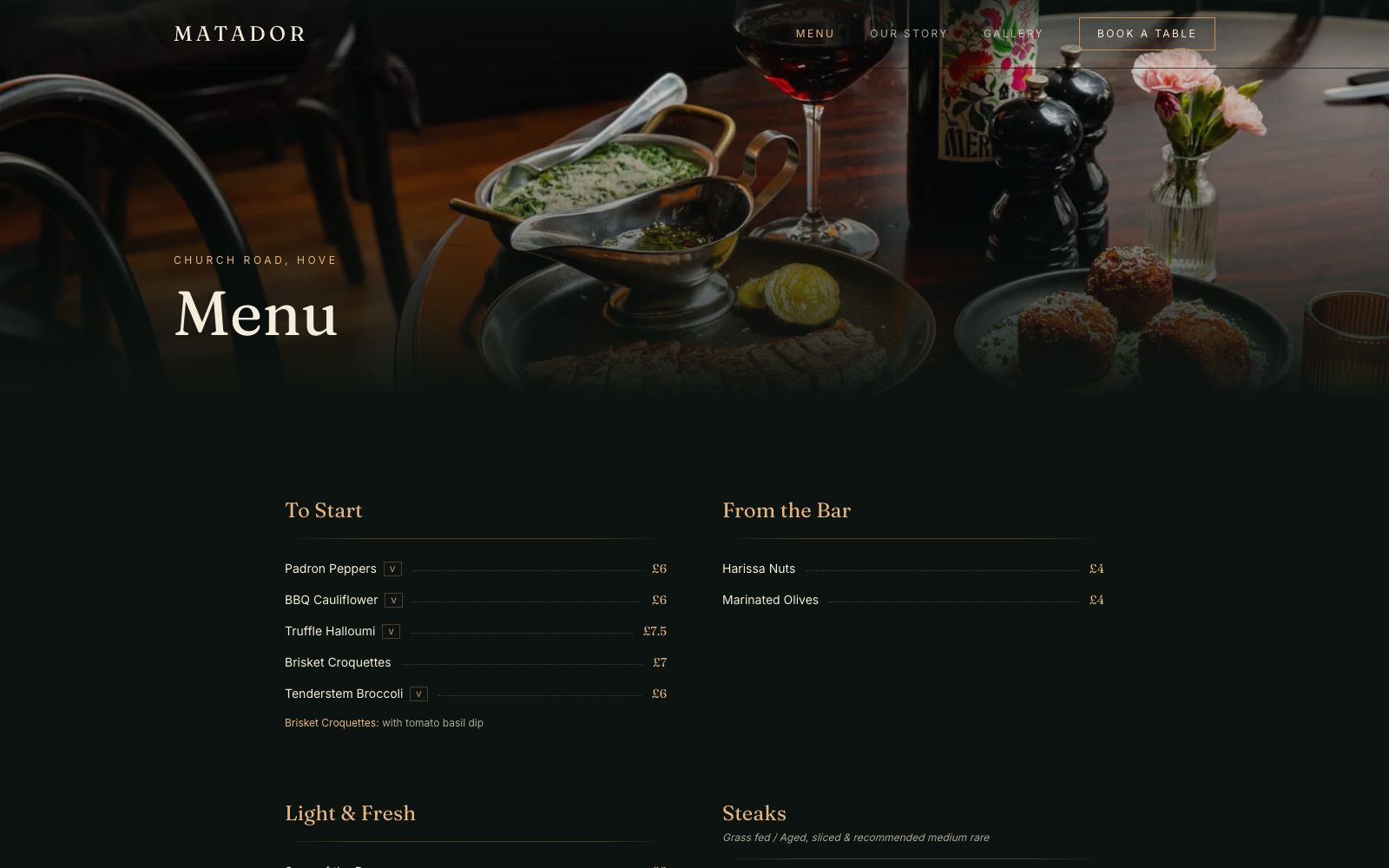 Matador Menu page