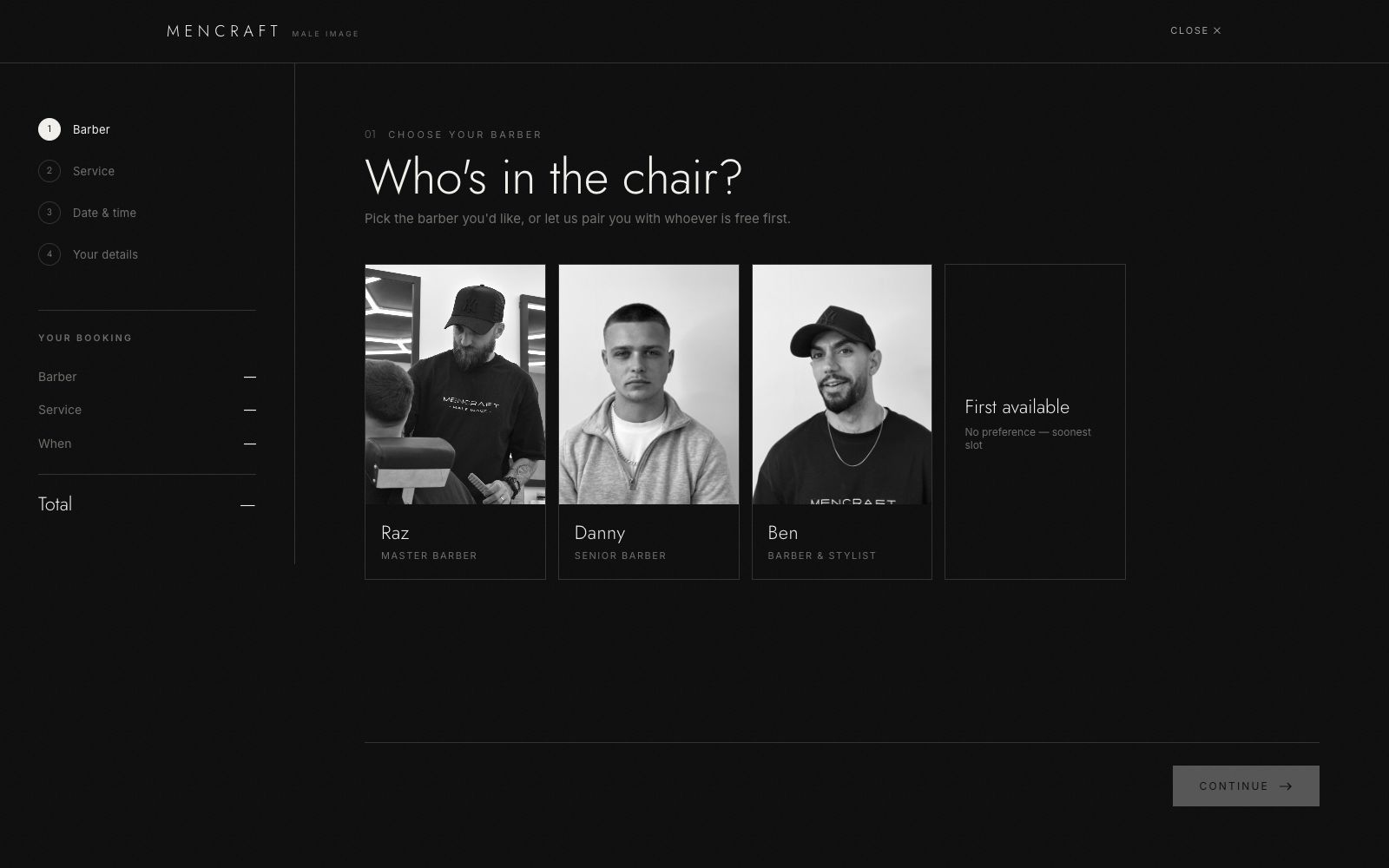 Mencraft Booking page